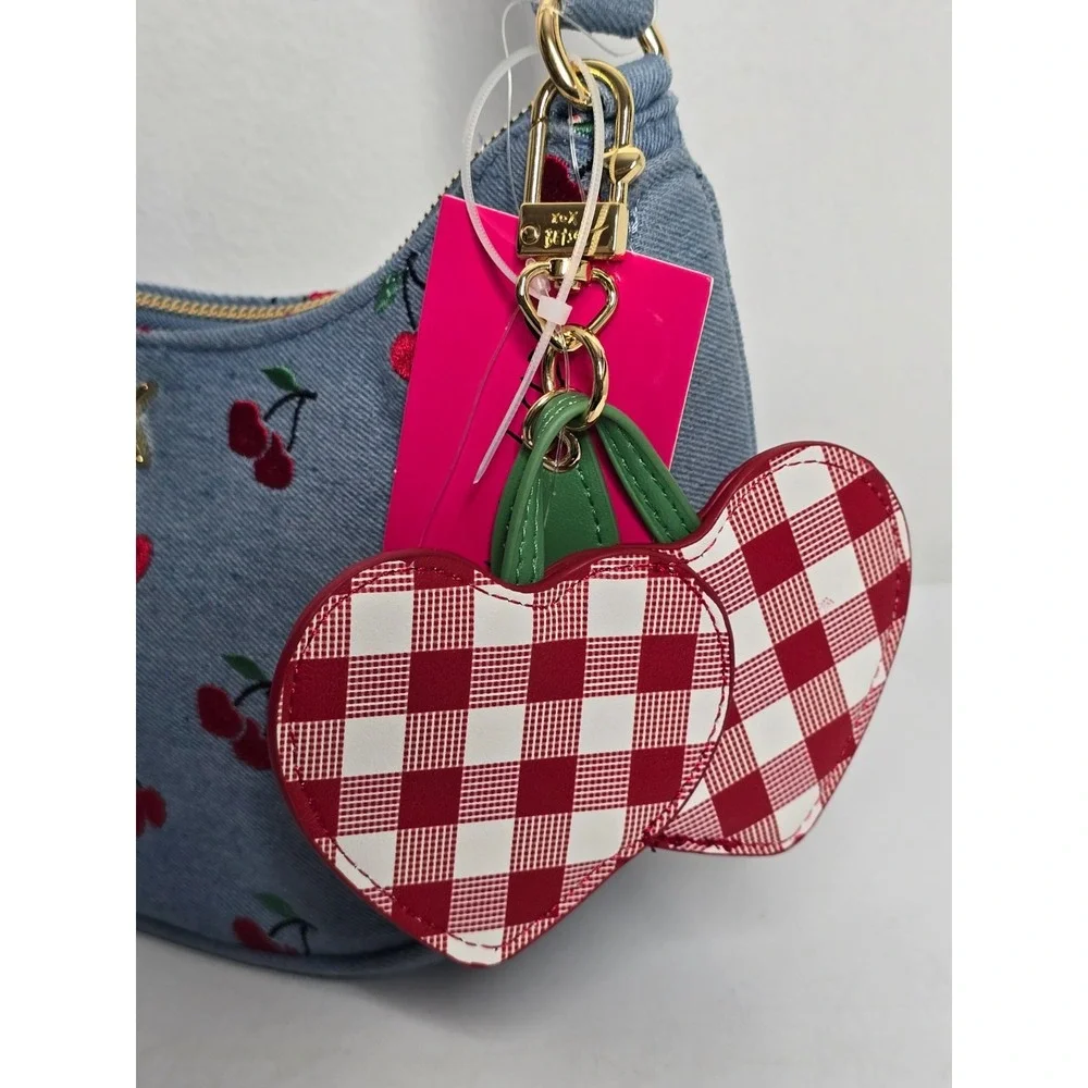 Betsey Johnson Cherry Print Crescent Hobo Bag Rock Chick Purse Denim Blue NEW